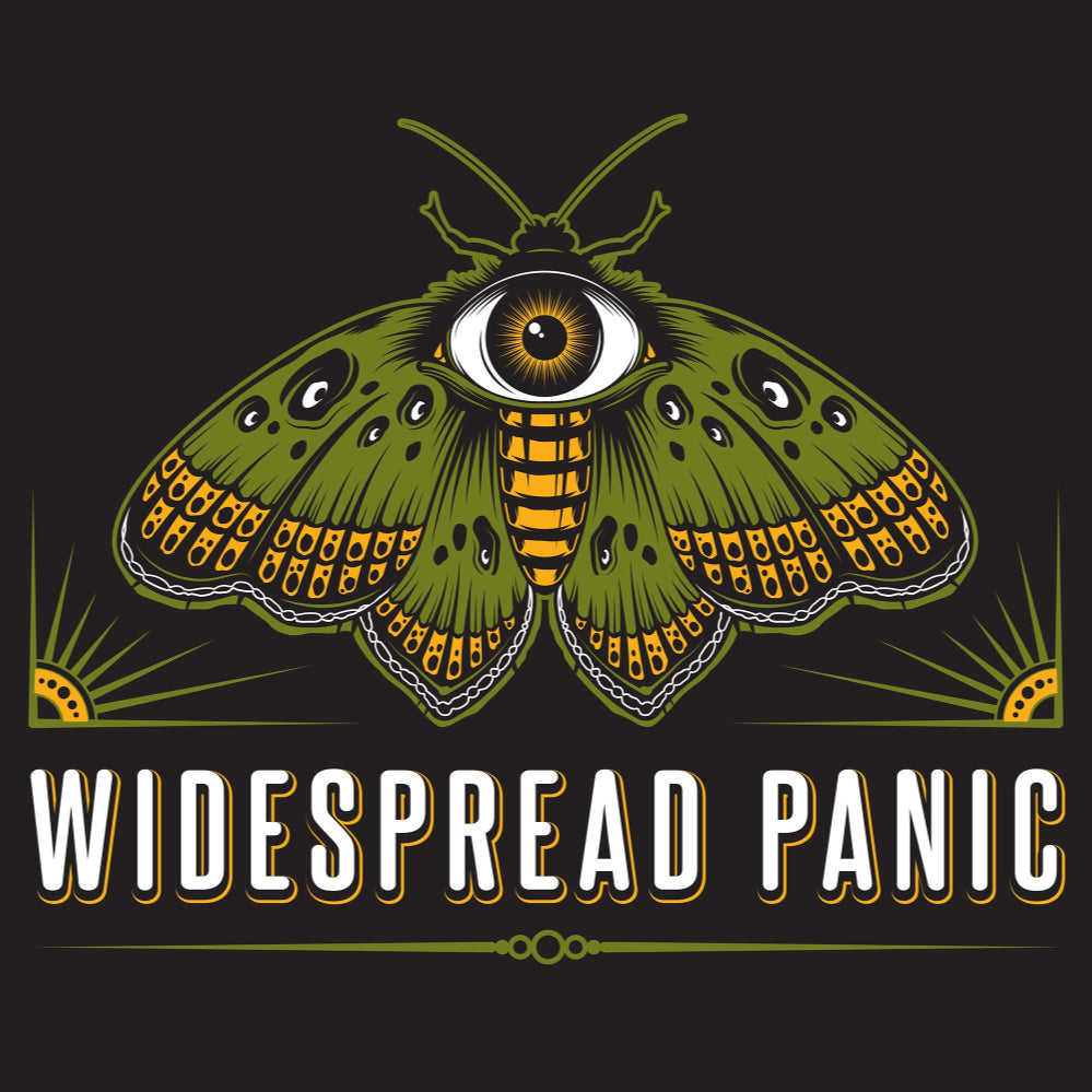 Green moth with eye design and 'Widespread Panic' text on a black background