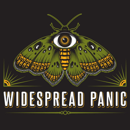 Green moth with eye design and 'Widespread Panic' text on a black background