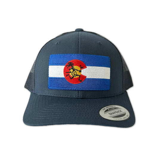 The front of the Widespread Panic Colorado Note Eater Flag Hat, curved version