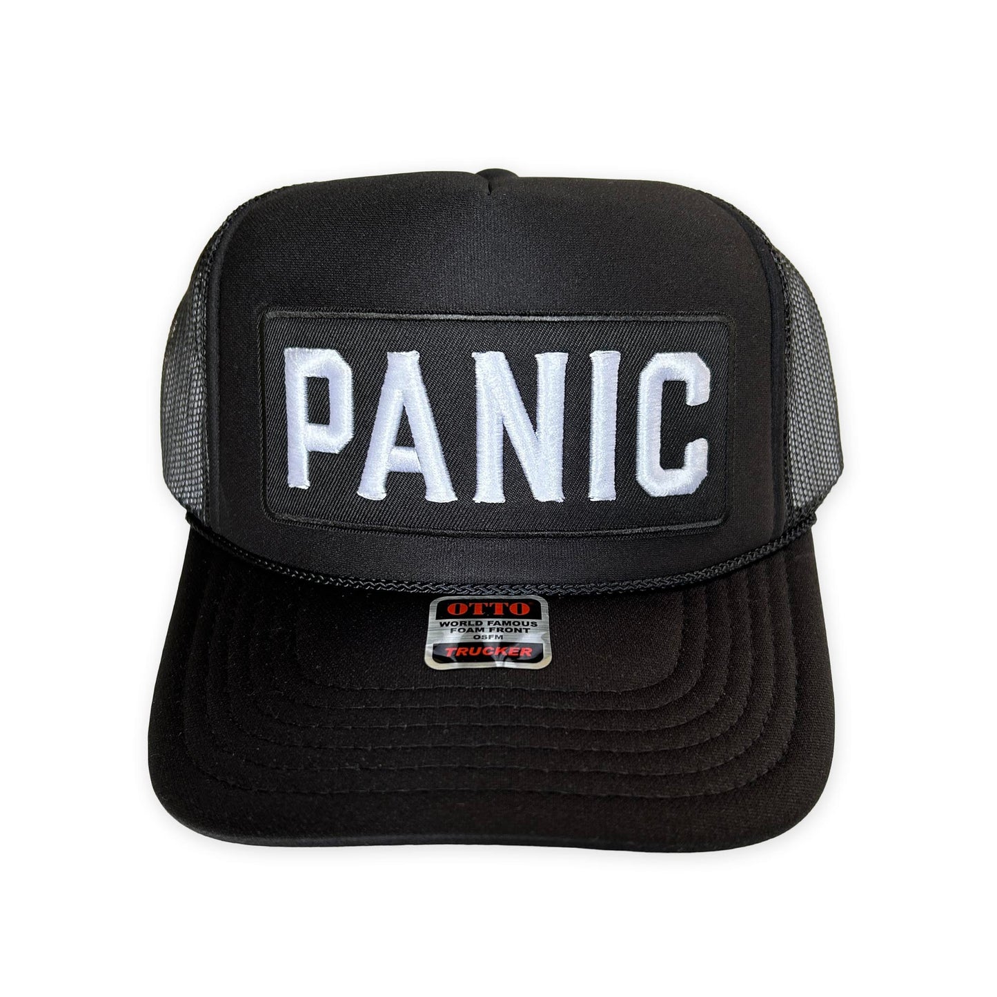 The front of the Lopez "Panic" patch trucker hat in black