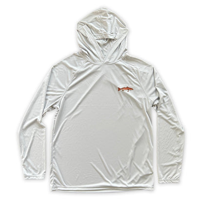 An image of the front of the Redfish long-sleeve hooded fishing shirt